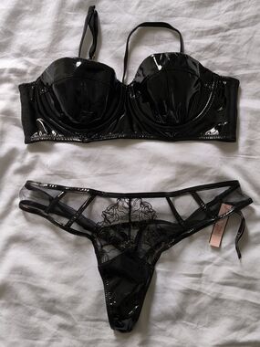 Victoria's Secret Black Patent & Mesh Lingerie Set